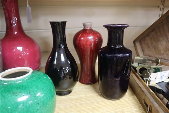 A group of Chinese crackle glaze and monochrome glaze vases etc. tallest 31cm